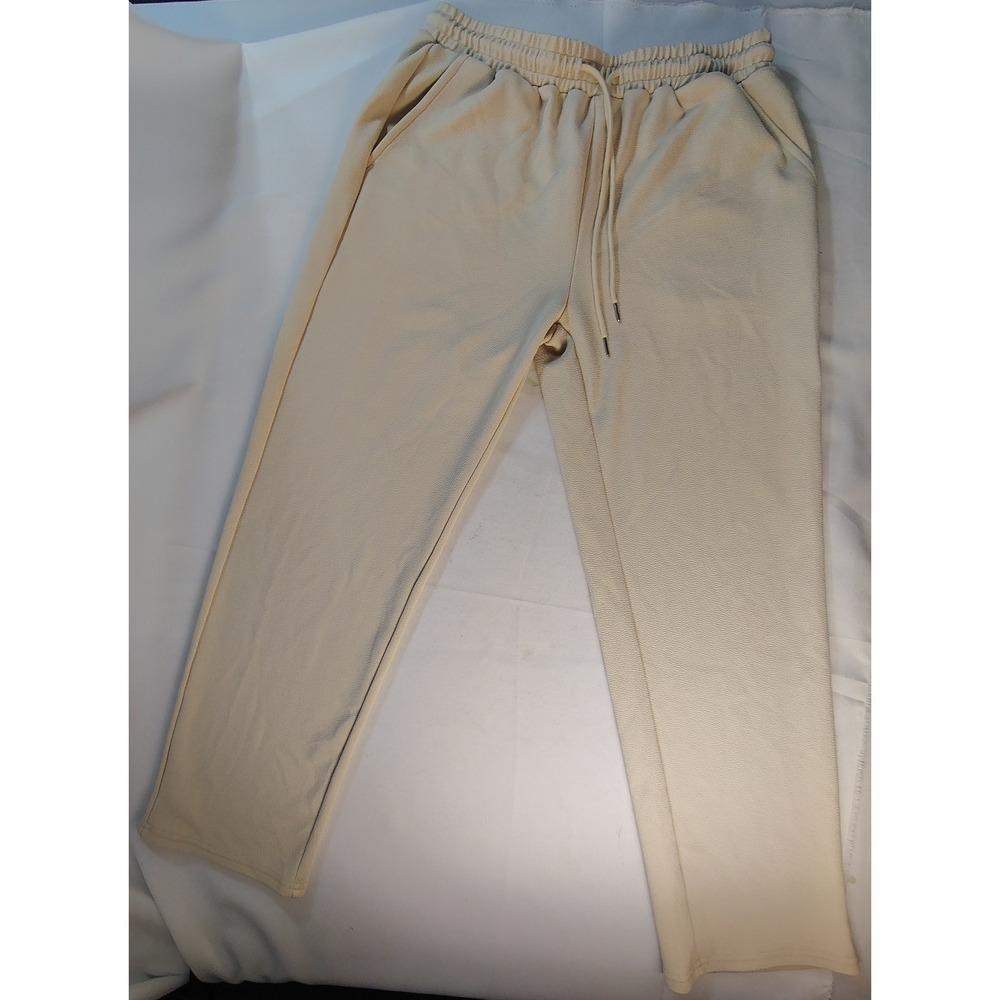 Coofandy Mens Textured Straight Leg Pants Beige Elastic Drawstring Waist Large